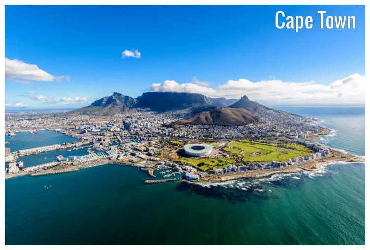 Cape Town, South Africa, with the surrounding calm clear waters and several mountains